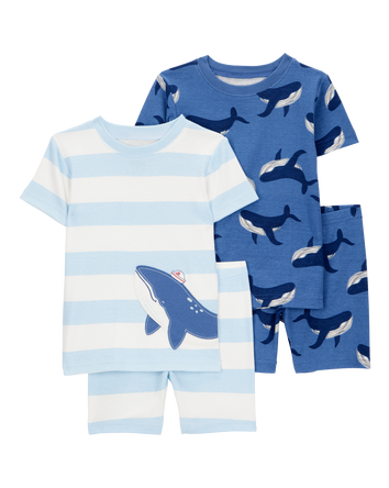 Toddler Whale Striped Snug Fit Cotton 4-Piece Pajamas, 