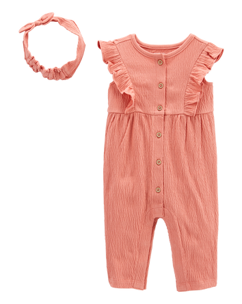 Baby 2-Piece Crinkle Jersey Jumpsuit & Headwrap Set, 