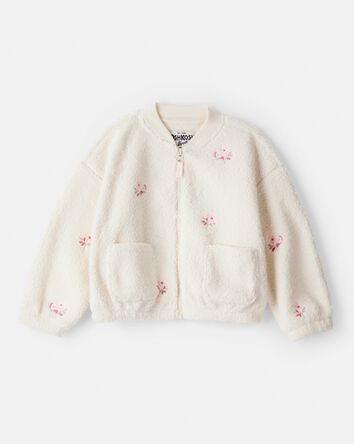 Toddler Girl Floral Sherpa Bomber Jacket - Ivory, 