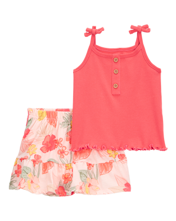 Baby 2-Piece Ribbed Tank & Floral Pull-On Skort Set - Pink, 