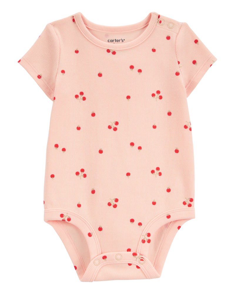 Baby Tomato Print Ribbed Short-Sleeve Bodysuit - Pink, image 1 of 3 slides
