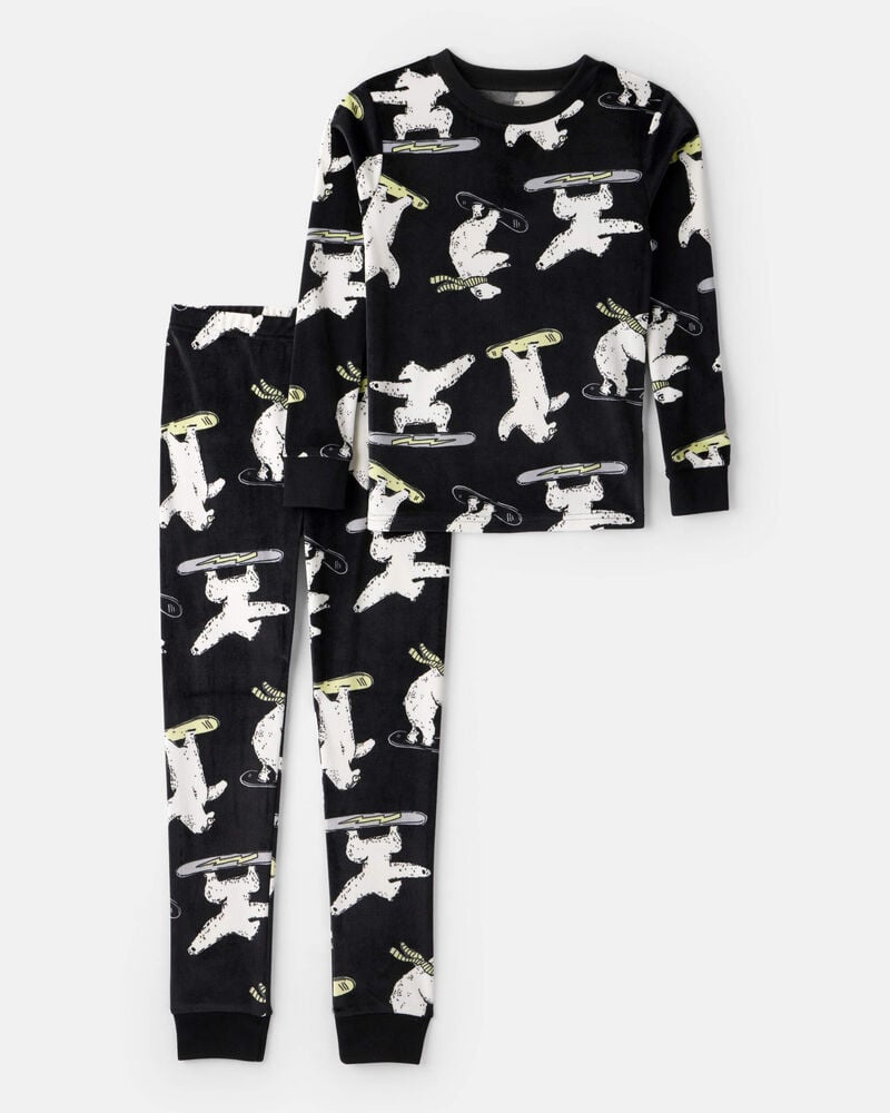 Boys Polar Bear Print Velour Long-Sleeve Loose Fit 2-Piece Pajamas - Black, image 1 of 3 slides