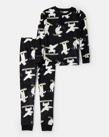 Boys Polar Bear Print Velour Long-Sleeve Loose Fit 2-Piece Pajamas - Black, 