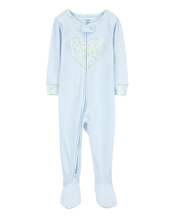 Baby Heart Striped Snug Fit Cotton Footie 1-Piece Pajamas - Blue, 