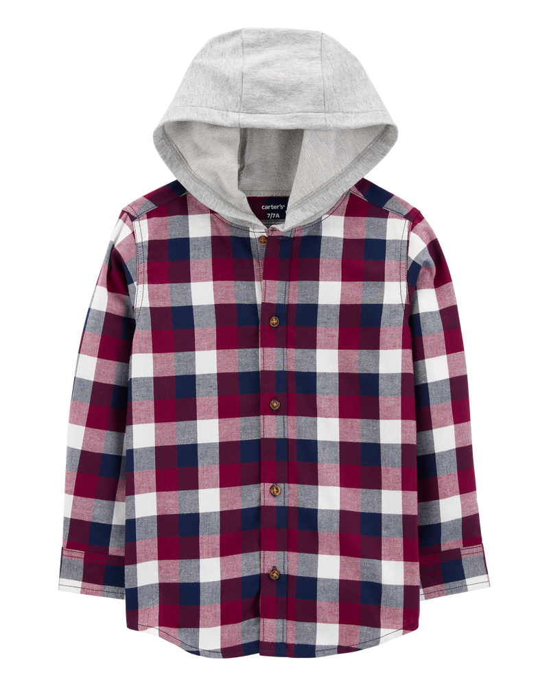 Kid Plaid Hooded Button-Down Shirt, image 2 of 4 slides