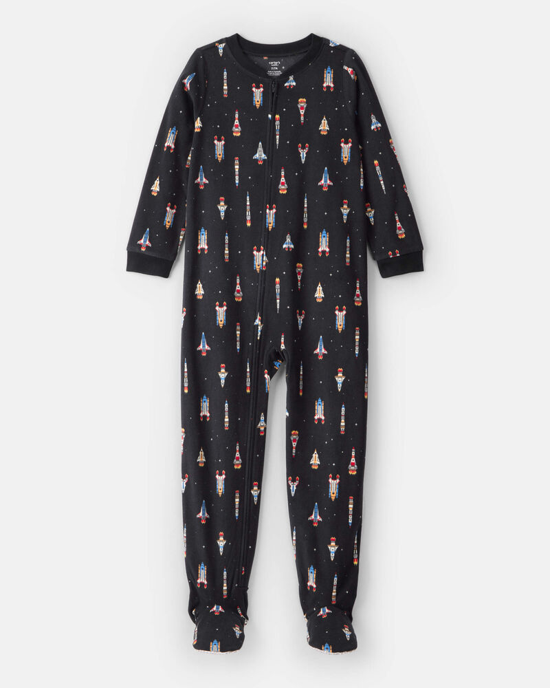 Boys Rocket Ship Print Fleece Long-Sleeve Loose Fit 1-Piece Pajamas - Black, image 1 of 3 slides