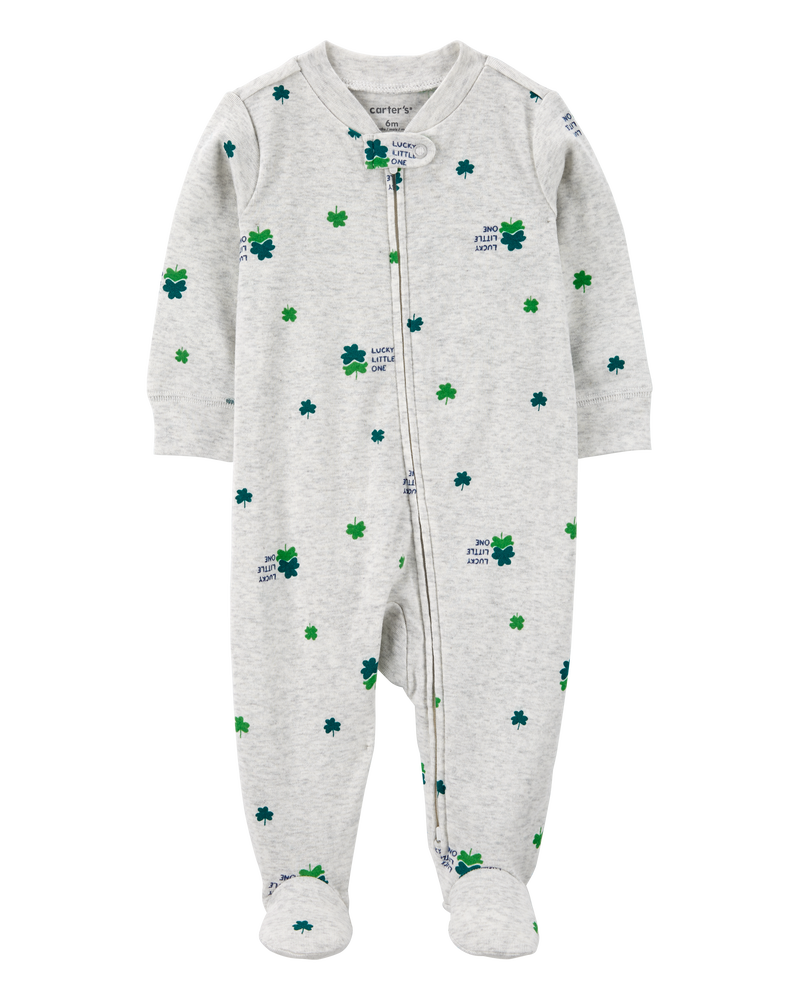 Baby St. Patrick's Day 2-Way Zip Cotton Sleep & Play Pajamas - Grey, image 1 of 3 slides