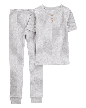 Kid Solid Ribbed Cotton Blend 2-Piece Pajamas - Grey, 