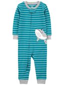 Blue - Toddler 1-Piece Striped Whale 100% Snug Fit Cotton Footless Pajamas