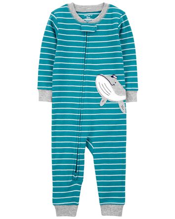 Toddler 1-Piece Striped Whale 100% Snug Fit Cotton Footless Pajamas, 