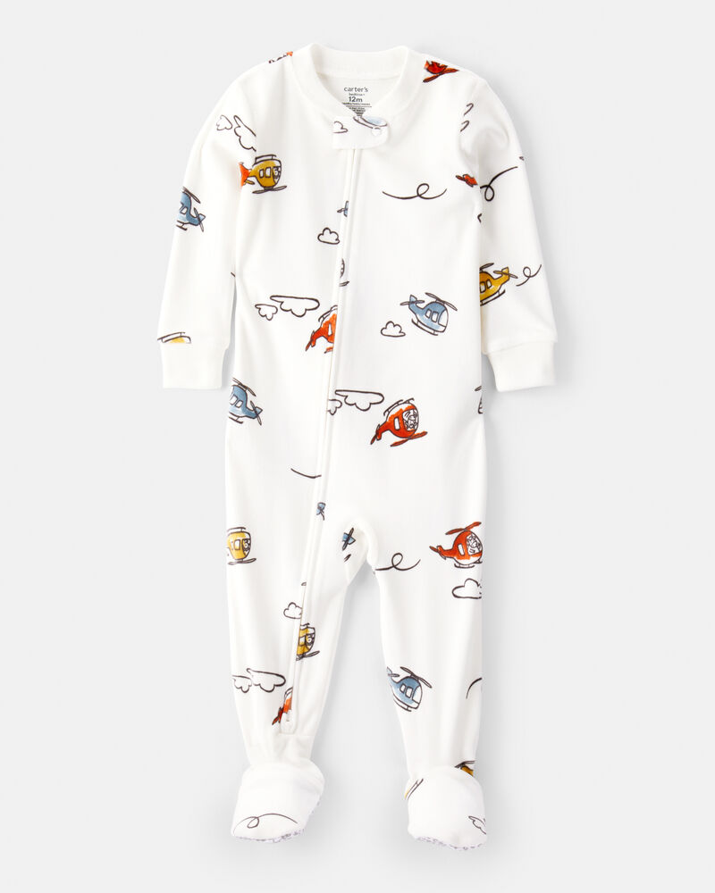 Baby Boy Helicopter Print Loose Fit Long-Sleeve 2-Way Zip 1-Piece Pajamas - White, image 1 of 4 slides
