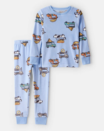 Toddler Boy Truck Print Velour Long-Sleeve Loose Fit 2-Piece Pajamas - Blue, 