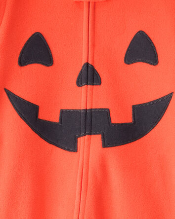 Toddler Halloween Jack-O-Lantern Fleece Hooded Zip-Up 1-Piece Pajama Jumpsuit - Orange, 
