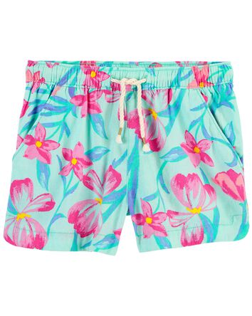 Kid Floral Print Drapey Linen Shorts, 