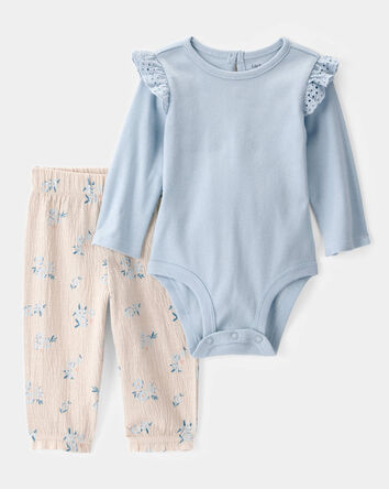 Baby 2-Piece Bodysuit & Floral Pant Set - Blue/Ivory, 