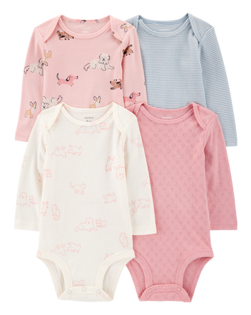 Baby Girl 4-Pack Puppy Long Sleeve Bodysuits, 