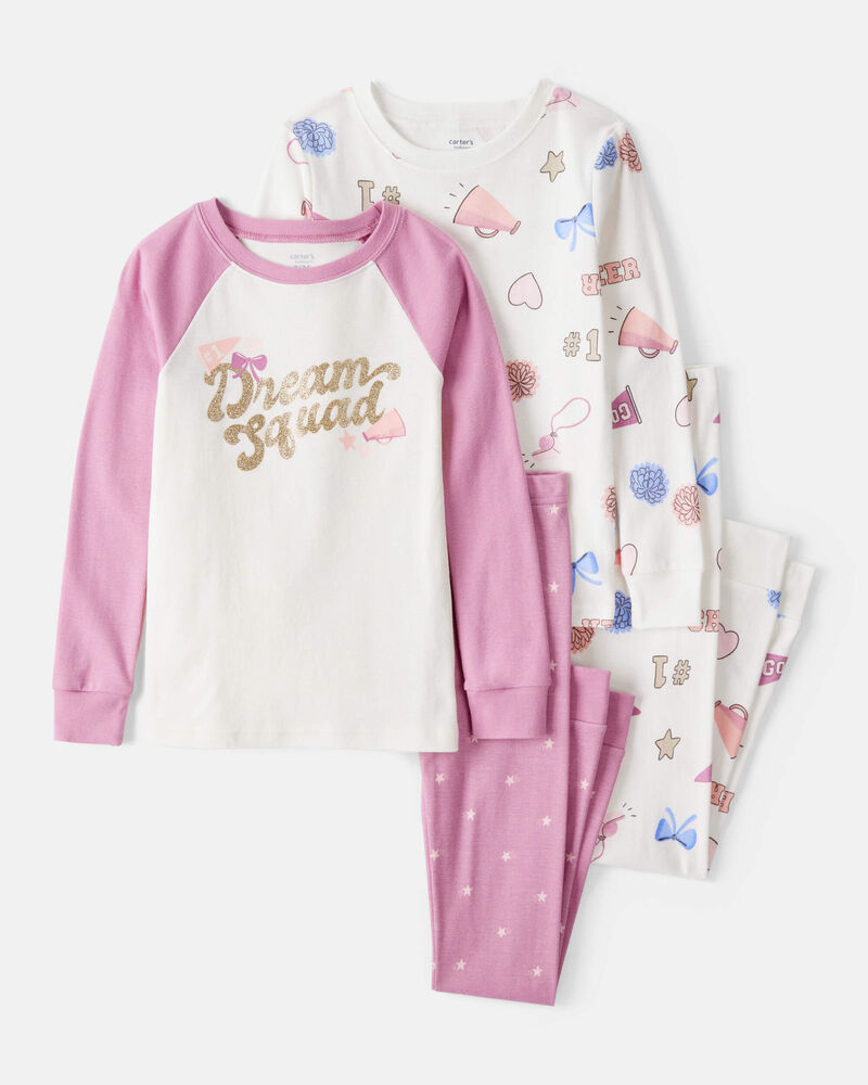 Girls Cheerleading Print 100% Cotton Long-Sleeve 4-Piece Pajamas - White/Pink, image 1 of 5 slides
