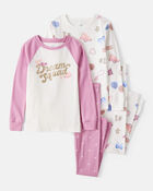 Girls Cheerleading Print 100% Cotton Long-Sleeve 4-Piece Pajamas - White/Pink, image 1 of 5 slides