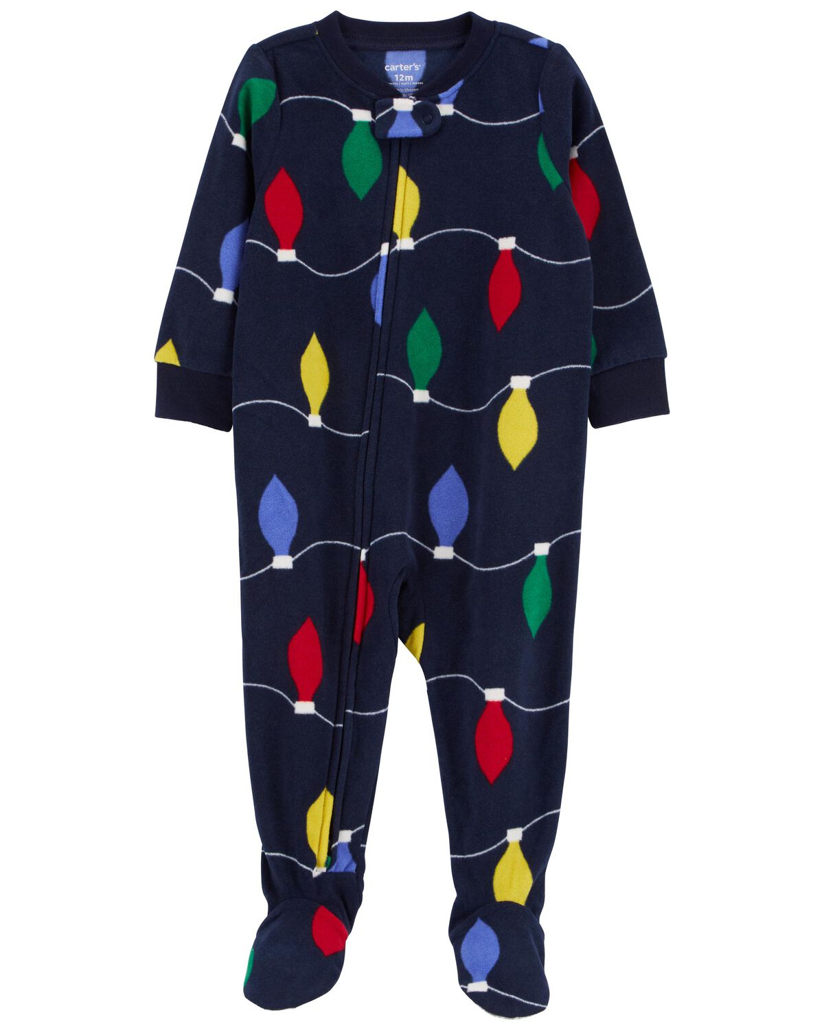 Navy Baby 1Piece Christmas Lights Fleece Footie Pajamas