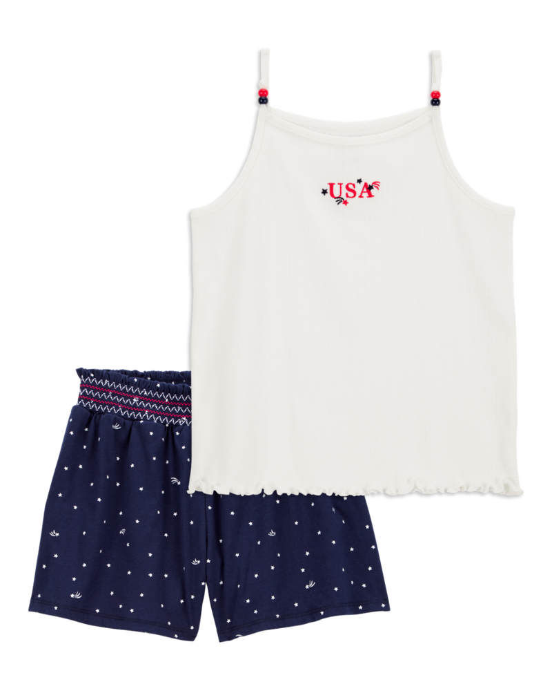 Kid 2-Piece 4th Of July USA Tank & Flowy Pull-On Shorts Set - White/Navy, image 1 of 6 slides