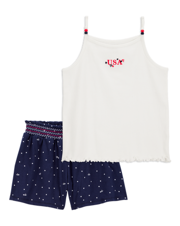 Kid 2-Piece 4th Of July USA Tank & Flowy Pull-On Shorts Set - White/Navy, 