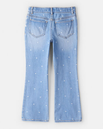 Girls Medium Wash Heart Print Flared Jeans, 