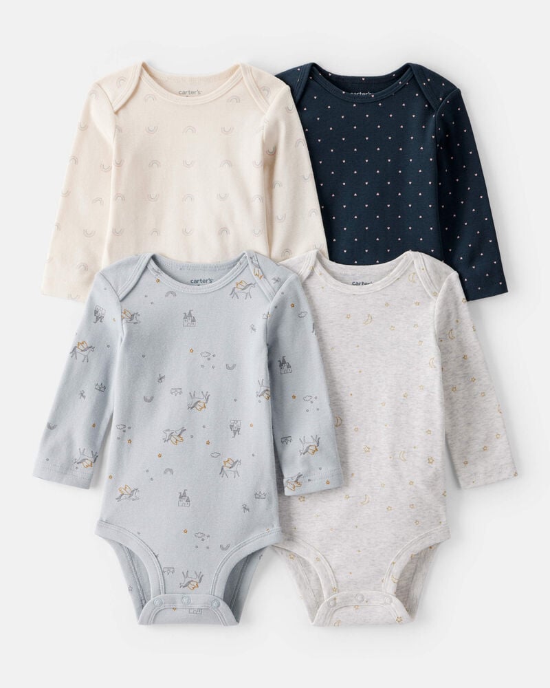 Baby Girl 4-Pack Unicorn, Heart, Star Print Long-Sleeve Multipack Bodysuits - Navy Blue/White, image 1 of 6 slides