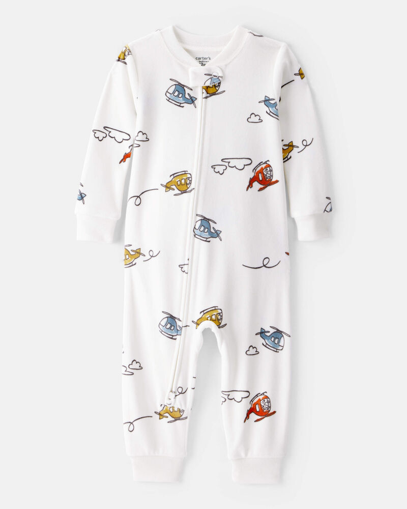 Baby Boy Helicopter Print Snug Fit Long-Sleeve 2-Way Zip 1-Piece Pajamas - White, image 1 of 4 slides