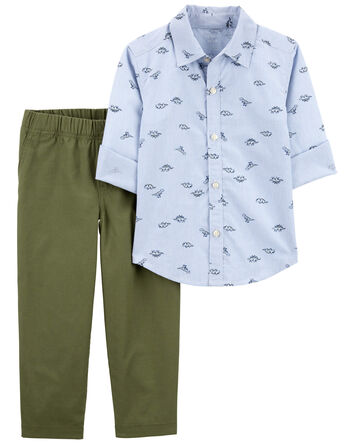 Toddler 2-Piece Dinosaur Button-Front Shirt & Canvas Pant Set, 