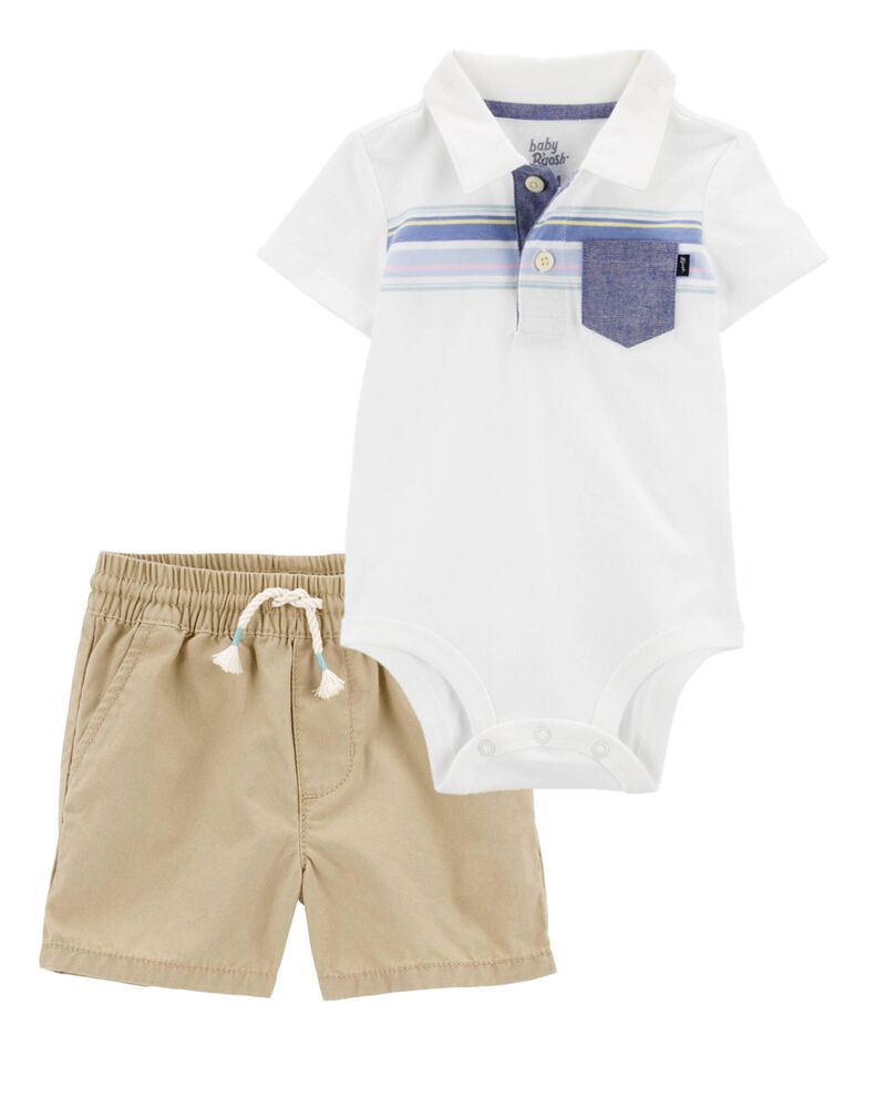 Baby 2-Piece Henley Bodysuit & Canvas Drawstring Shorts Set, image 1 of 1 slides