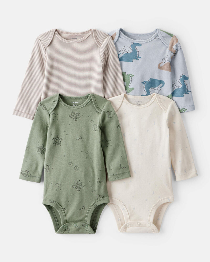 Baby Boy 4-Pack Dragon Star Print Cotton Long-Sleeve Multipack Bodysuits - Blue/White/Green, image 1 of 6 slides