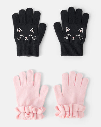 Girls 2-Pack Cat Winter Gloves - Black/Pink, 