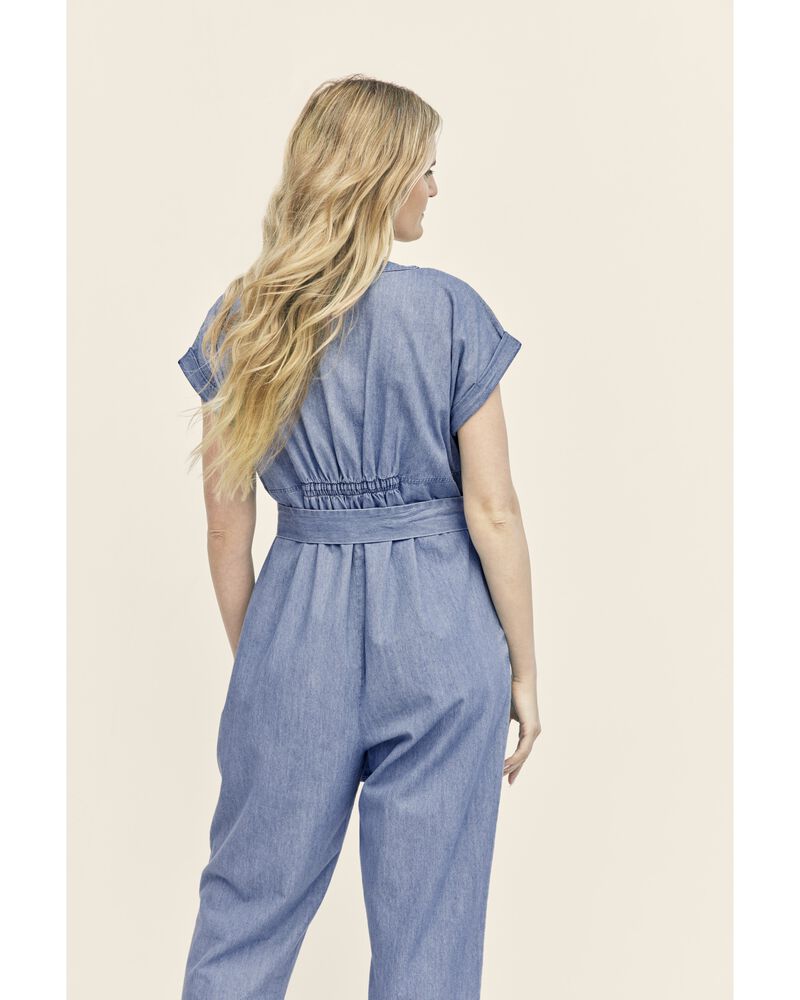 Adult Womens Maternity Chambray Jumpsuit, image 3 of 6 slides