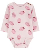 Baby Strawberry Ribbed Long-Sleeve Bodysuit, image 1 of 4 slides
