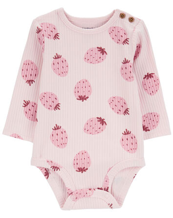 Baby Strawberry Ribbed Long-Sleeve Bodysuit, 