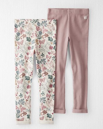 Toddler 2-Pack Organic Cotton Floral & Pink Ribbed Leggings, 