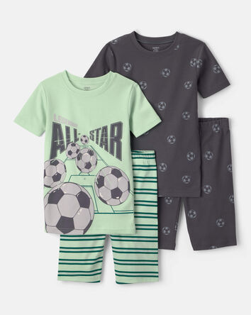 Boys Soccer 100% Cotton Short-Sleeve Snug Fit 4-Piece Pajama Set - Green/Grey, 