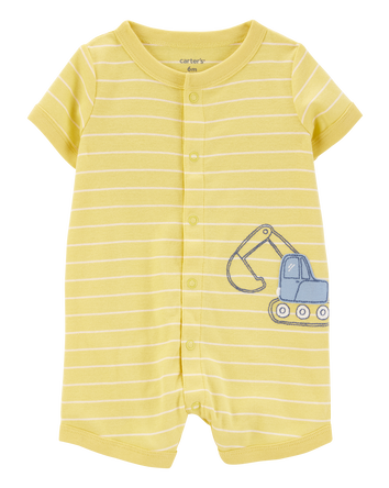 Baby Construction Striped Cotton Short-Sleeve Romper - Yellow, 