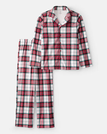 Adult Flannel Plaid Print Long-Sleeve Loose Fit 2-Piece Pajamas - Red/Green, 