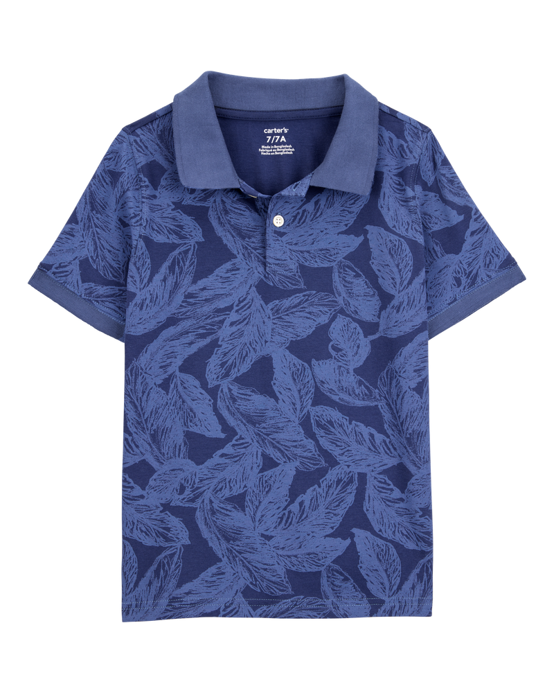 Kid Leaf Print Short-Sleeve Polo - Navy, image 1 of 3 slides