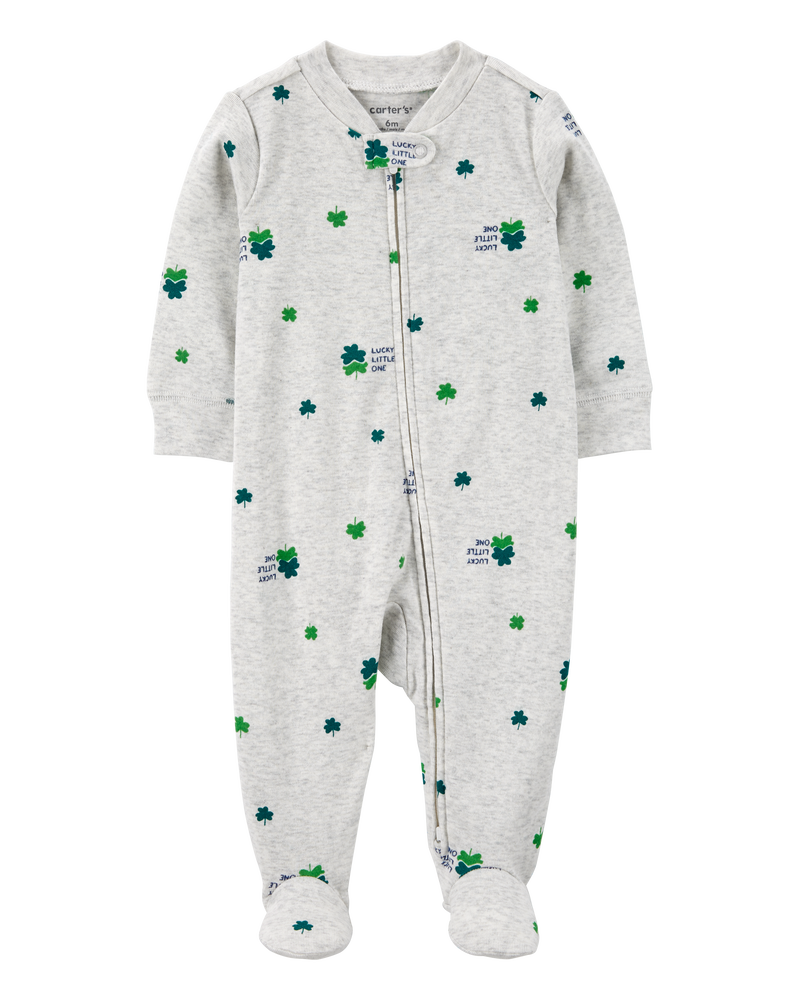 Baby St. Patrick's Day 2-Way Zip Cotton Sleep & Play Pajamas - Grey, image 1 of 3 slides