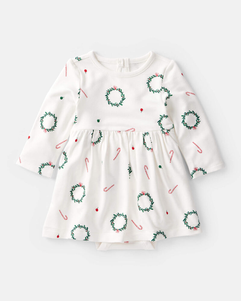 Baby Girl Wreath Print PurelySoft Short-Sleeve Bodysuit Dress - White, image 1 of 5 slides
