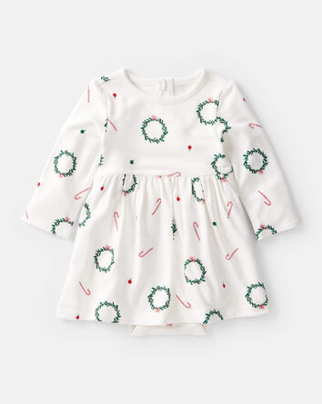 Baby Girl Wreath Print PurelySoft Short-Sleeve Bodysuit Dress - White, 
