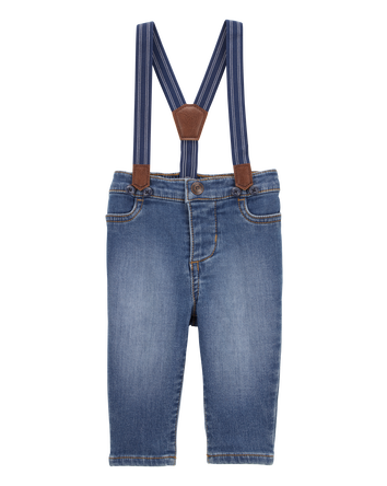 Baby Knit-Denim Suspender Pants - Blue, 