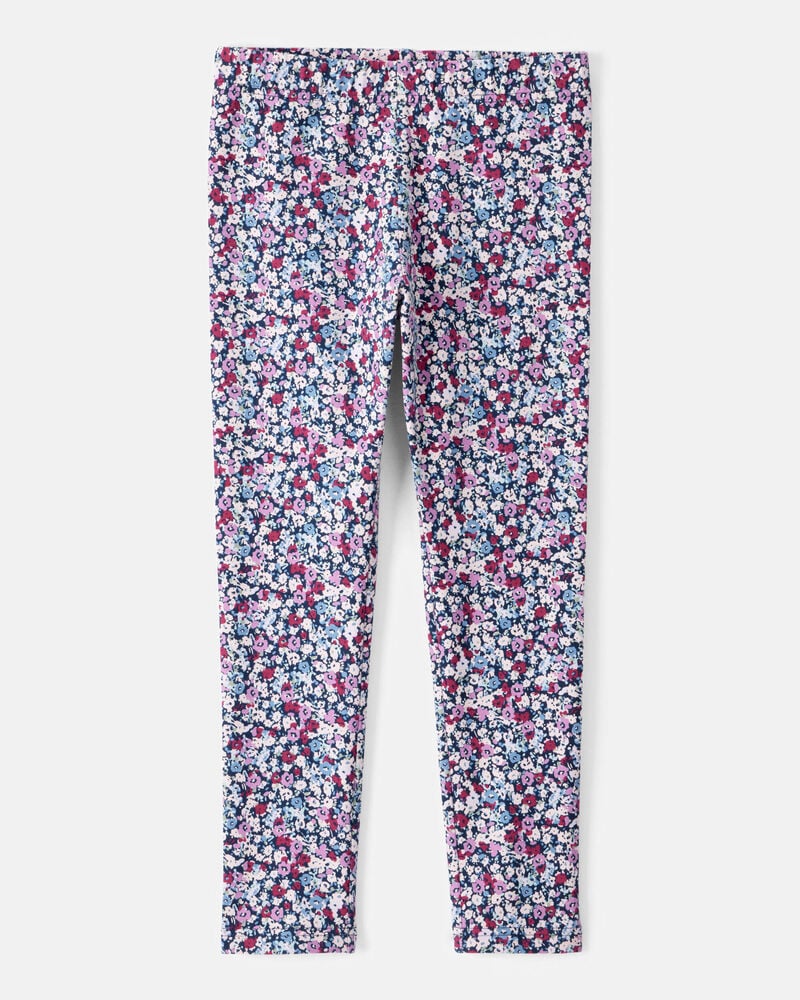 Girls Floral Cotton Pull-On Stretch Leggings - Purple, image 1 of 4 slides