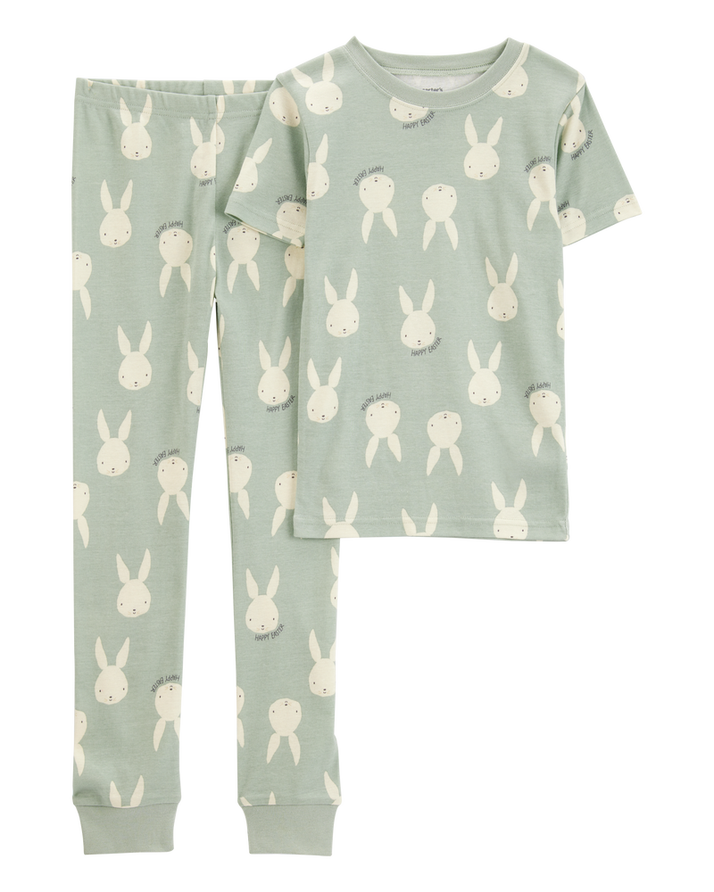 Kid Bunny Print Easter Snug Fit Cotton 2-Piece Pajamas - Green, image 1 of 3 slides