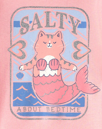 Toddler Girl Mermaid Cat 100% Cotton Snug Fit 4-Piece Pajama Set - Pink/Ivory, 