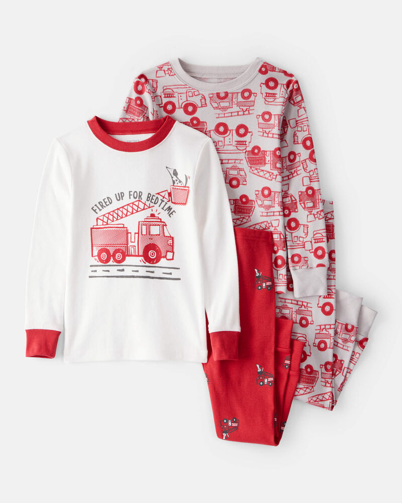 Baby Boy Firetruck Print 100% Cotton Long-Sleeve 4-Piece Pajamas - Red/White, image 1 of 4 slides