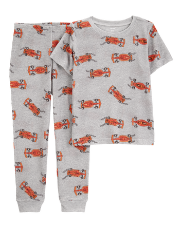 Boys Race Car Print Loose Fit Waffle Knit 2-Piece Pajamas - Grey, 