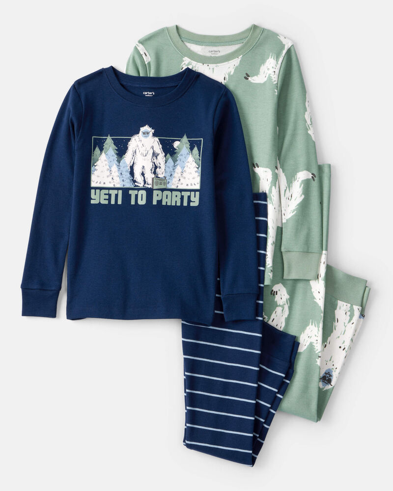 Boys Yeti Print 100% Cotton Long-Sleeve Snug Fit 4-Piece Pajamas - Green/Navy, image 1 of 4 slides